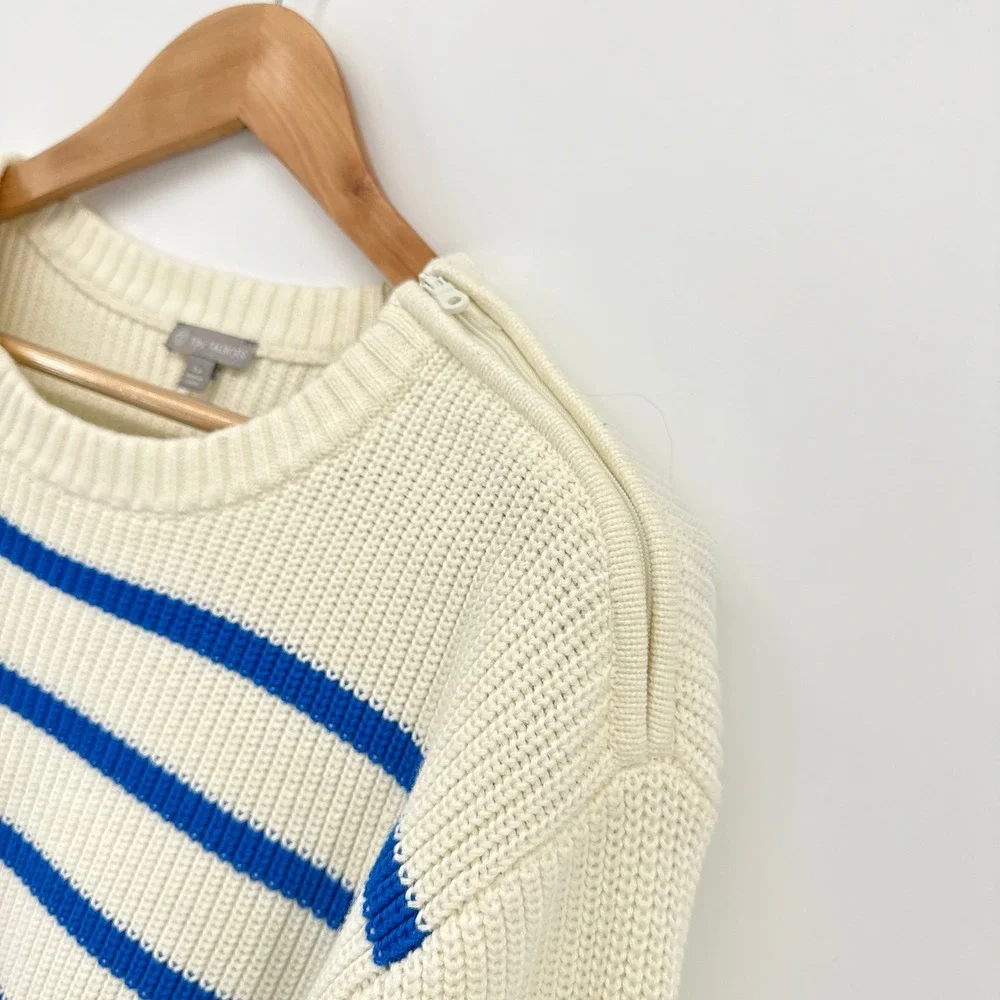 Talbots Multi Stripe Crewneck High-Lo Sweater Large Petite Ivory Blue Thumbholes